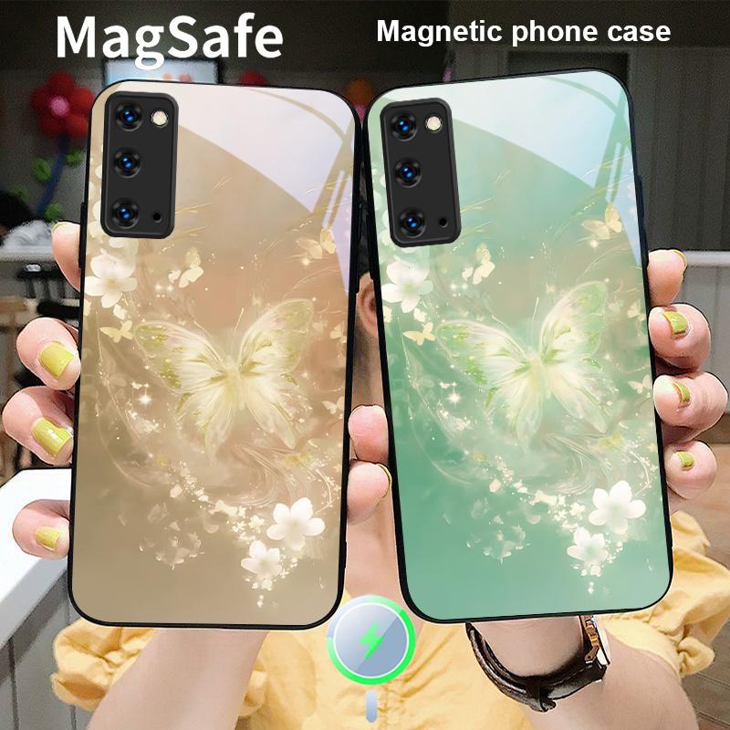 Dreamy Striped Butterfly For Magsafe Samsung S25 S25 Edge S25Ultra S8 9 10 20 S21 Pro 22 Plus S23 FE S24 Ultra Glass Phone Case
