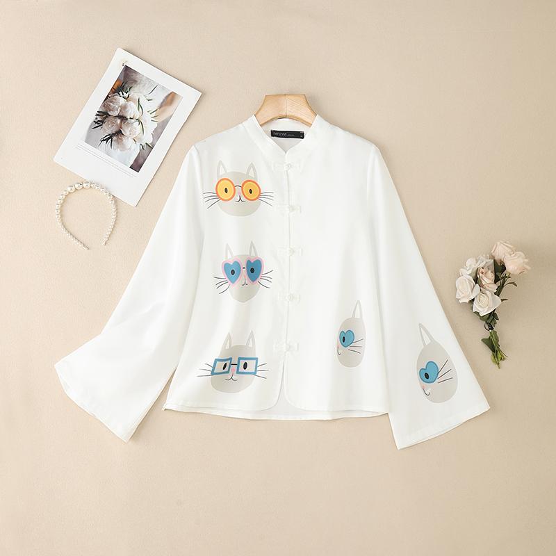 ZANZEA Women Stand Collar Loose Casual Long Sleeve Print Blouse