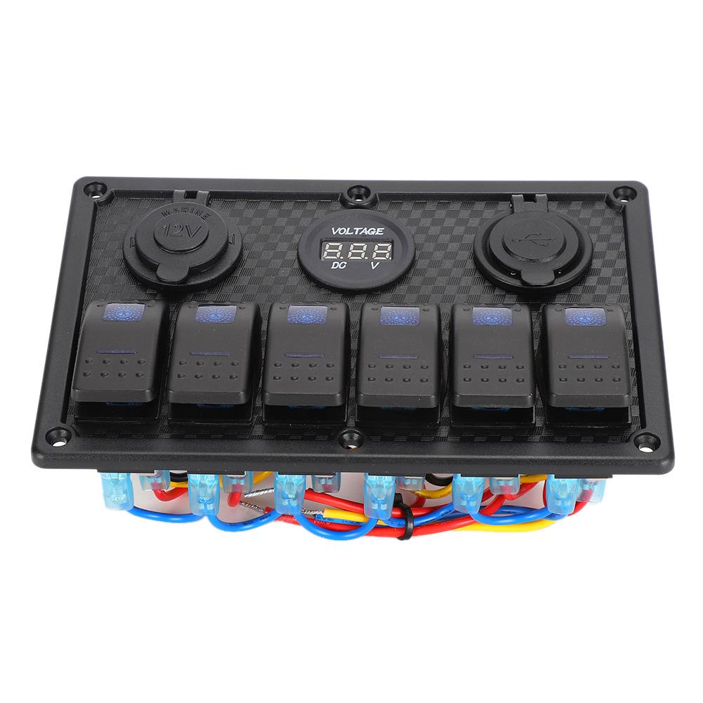 12V‑24V 6 Gang Rocker Switch Panel with Cigarette Lighter Socket 2 USB Voltmeter Display for Car Boat Truck RV
