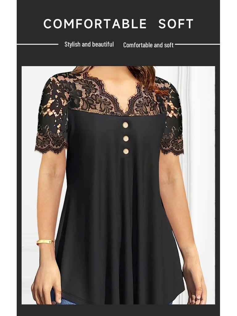 Spring/Summer 2025 European & American Women's Black Lace Short Sleeve Casual Top