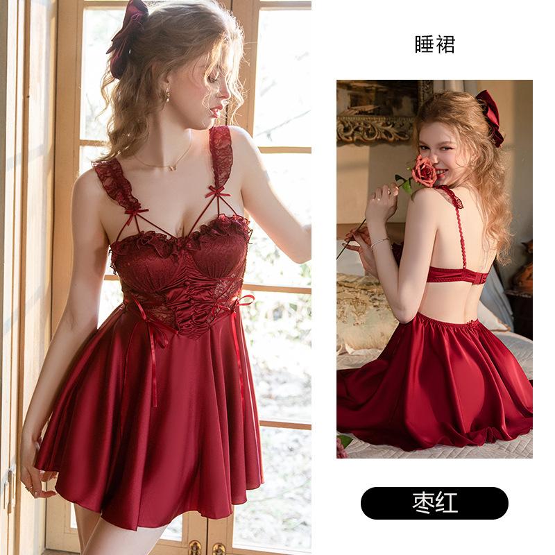 Women's Satin Lace Sheer Tie Padded Cami Sleep Dress with Robe Lounge Set