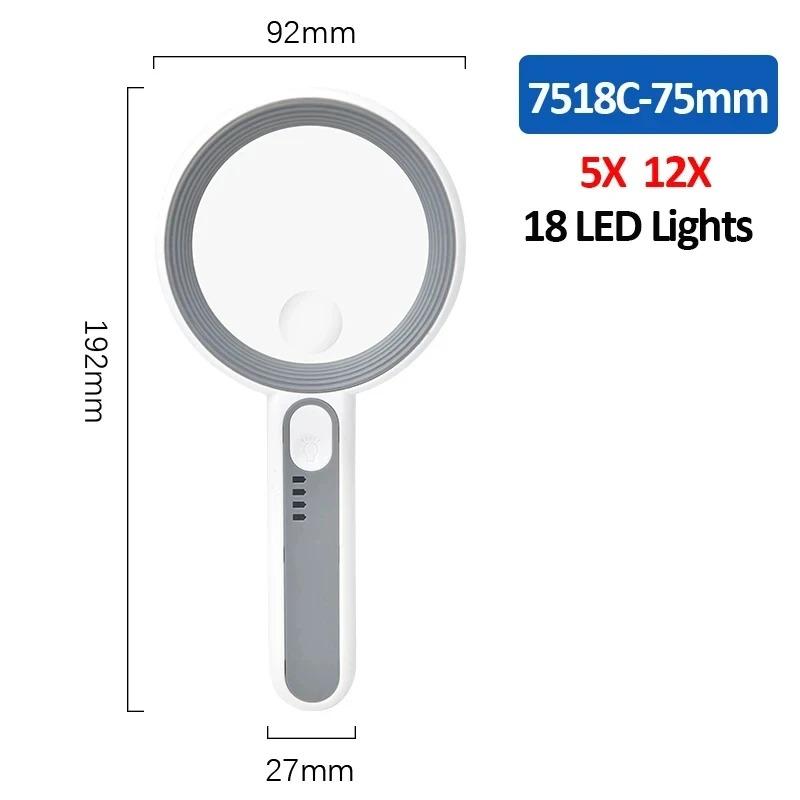 Wiederaufladbare 12x LED-beleuchtete Handlupe 3 Lichtmodi für Senioren zum Lesen, zur Schmuckinspektion und für Handarbeiten