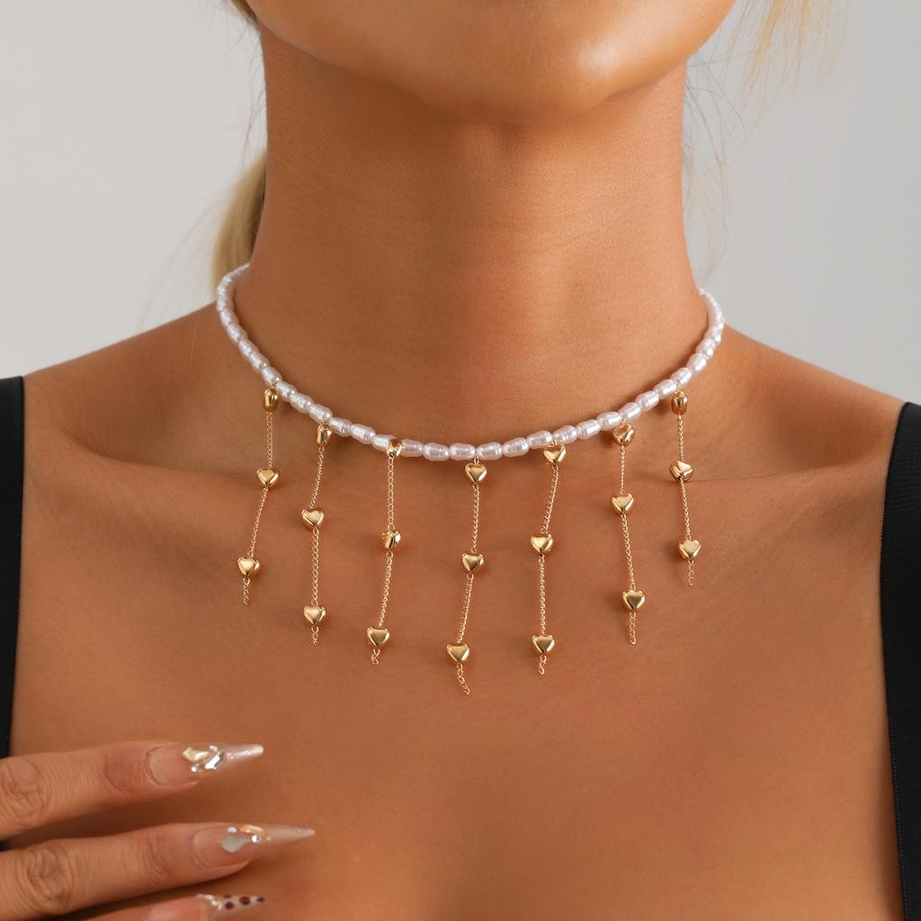 Accessories Baroque Imitation Pearl Long Fringed Collarbone Chain Pentagram Love Necklace Female