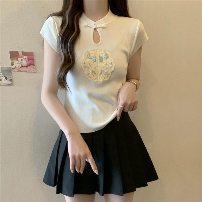 Latest Chinese Short-sleeved T-shirt Women s Summer New Split-ended Embroidered Top 2XL шампанского