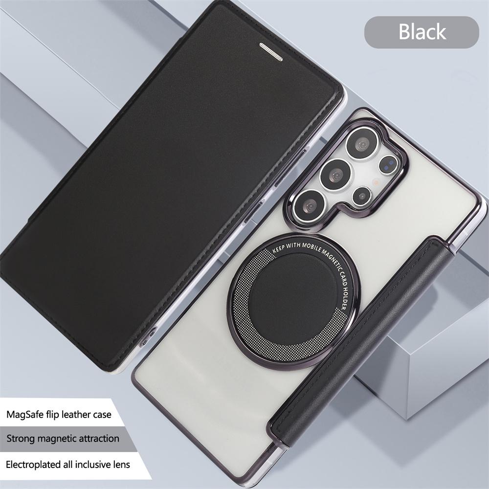 Flip Slot Card Leather Wallet Clear Magnetic Phone Case For Samsung S24 S25 Ultra S22 S23 Plus For Magsafe Wireless Charge Cover