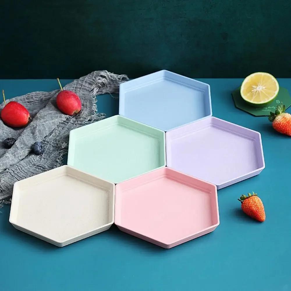 Multifunctional Fruit Plate Tableware Dishes Thicken Wheat Straw Hexagon Tray Dessert Plates Home Candy Color Dishes