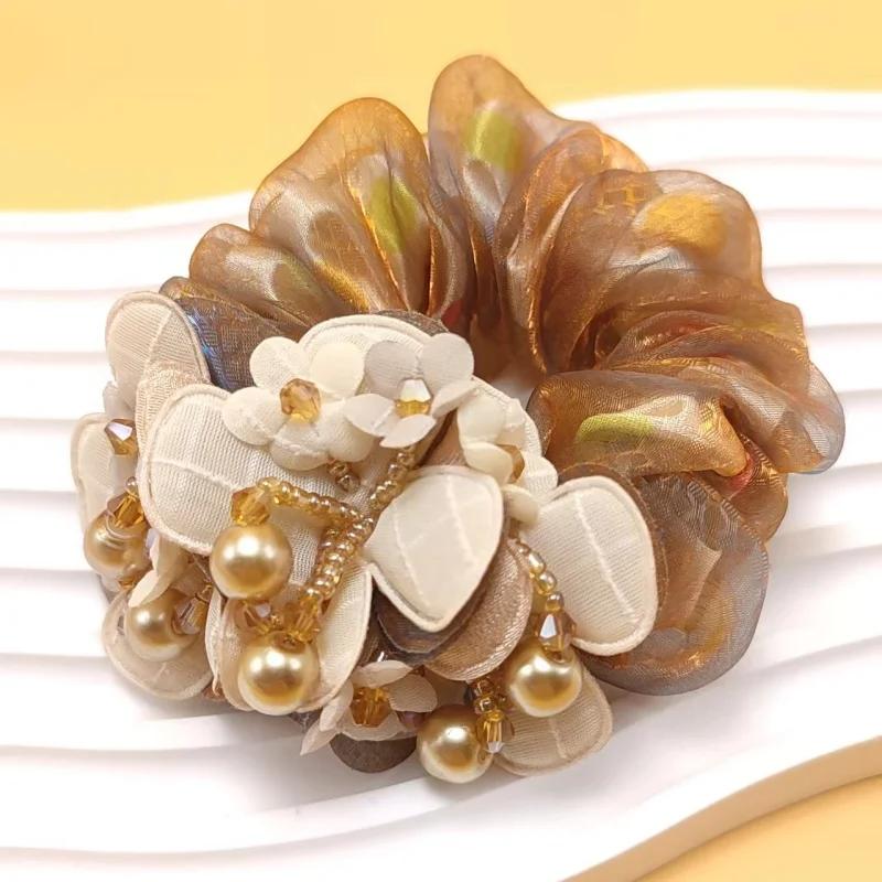 

New 3 Flower Hair Ring Women Pearl Headdress Flower Bold Highly Elastic Rubber Band Mother All-Match Hair Accessories Scrunchie