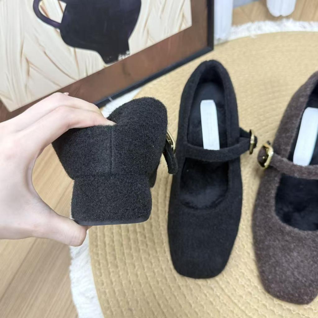 Wool version~ Small man velvet Mary Jane shoes inner height increase French retro fluffy shoes fashionable outer wear Doudou shoes