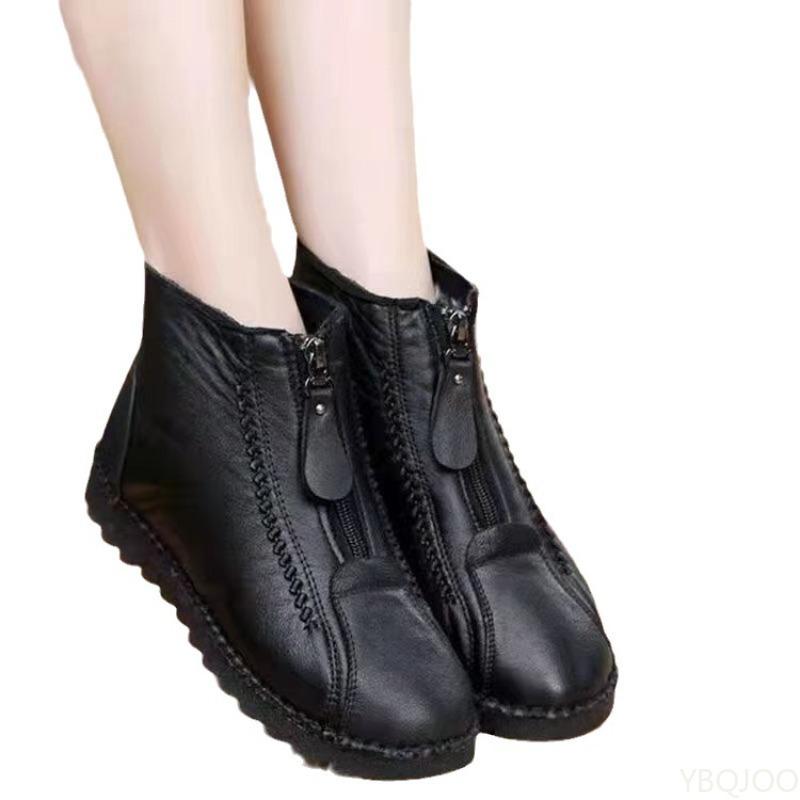 Fashion Winter Women Ankle Boots Fashion Warm Mother's Boots Flat-Bottom Comfortable Non Slip Front Zipper Closure Female Footwear