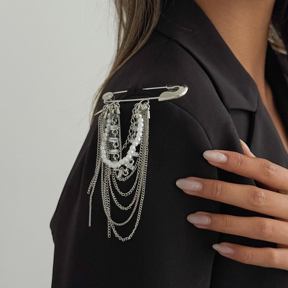 Imitation Pearl Accents Safety Pin Chain Brooch Punk Style Suit Accessory Suit Personalization