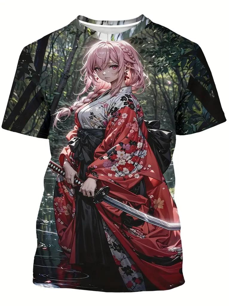 2025 Men's T-Shirt Anime Samurai Girl 3D Print t shirt Fashion Men Women Street Trend Top Japanese Korean Style Short Sleeve Tee