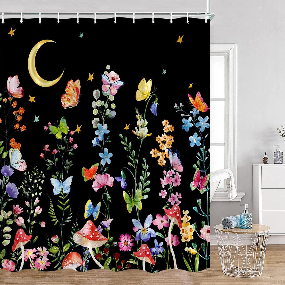 Vintage Mushroom Shower Curtain Astrology Magic Starry Night Flower Frog Mandala Dark Bathroom Curtain Plant Home Decor for Bath