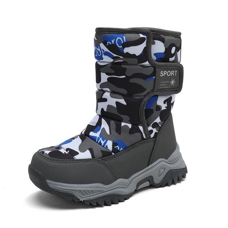 Children's 2024 Winter High-Top Camouflage Snow Boots - Warm Velvet-Lined in Black & Blue