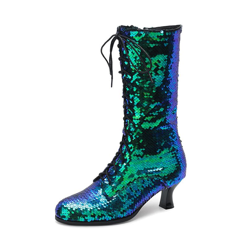 

Women Mid Calf Boots Round Toe Thick High Heels Zipper Lace-up Glitter Concise Ladies Fashion Shoes Autumn Winter 43 38 зелений
