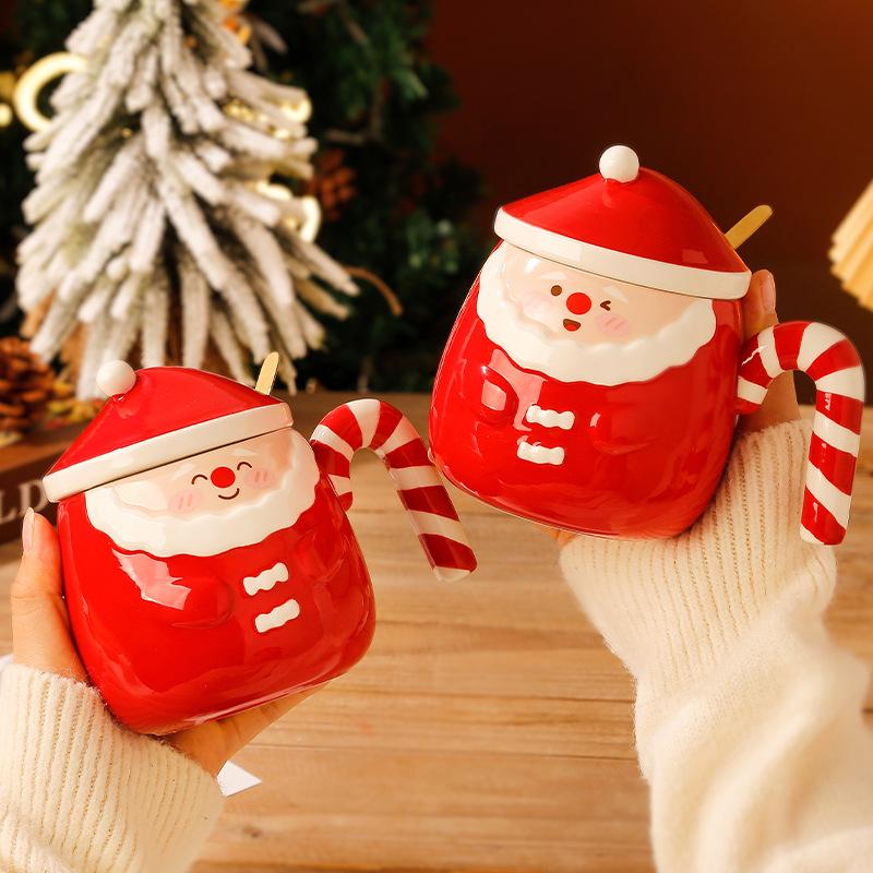 Santa Claus Mug Creative Hand Painted Christmas Ceramic Cup Gift Box Household Coffee Cup with Lid Spoon