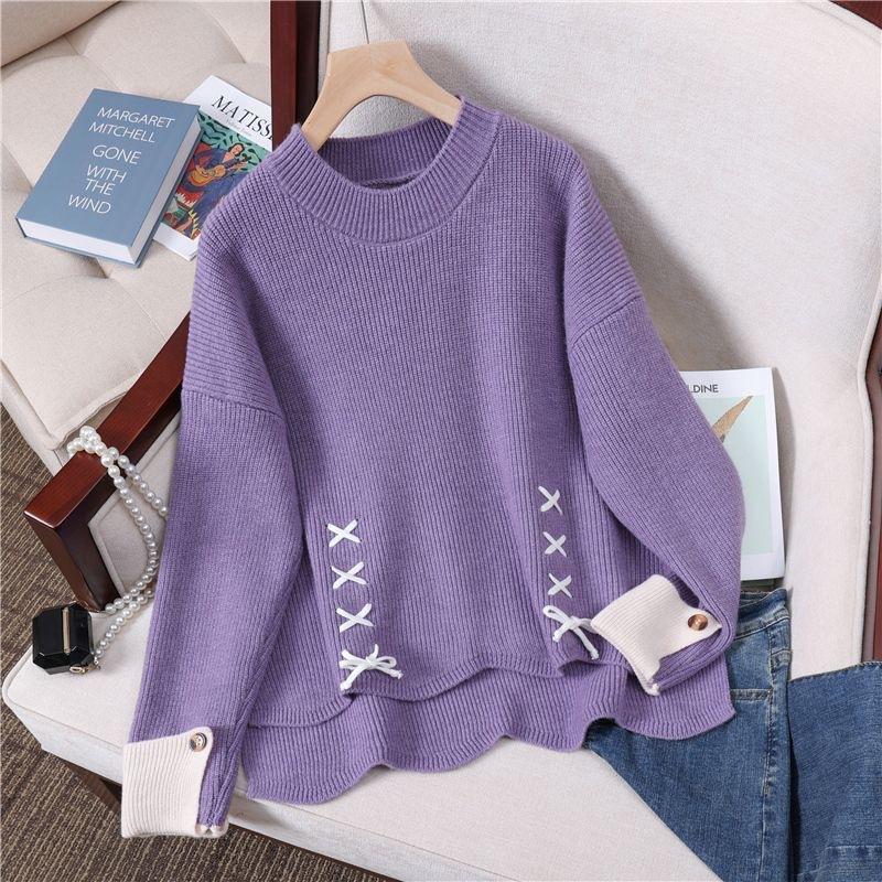 Dame Mode Afslappet Efterår Vinter Ensfarvet Print Langærmet Rund Hals Sweater
