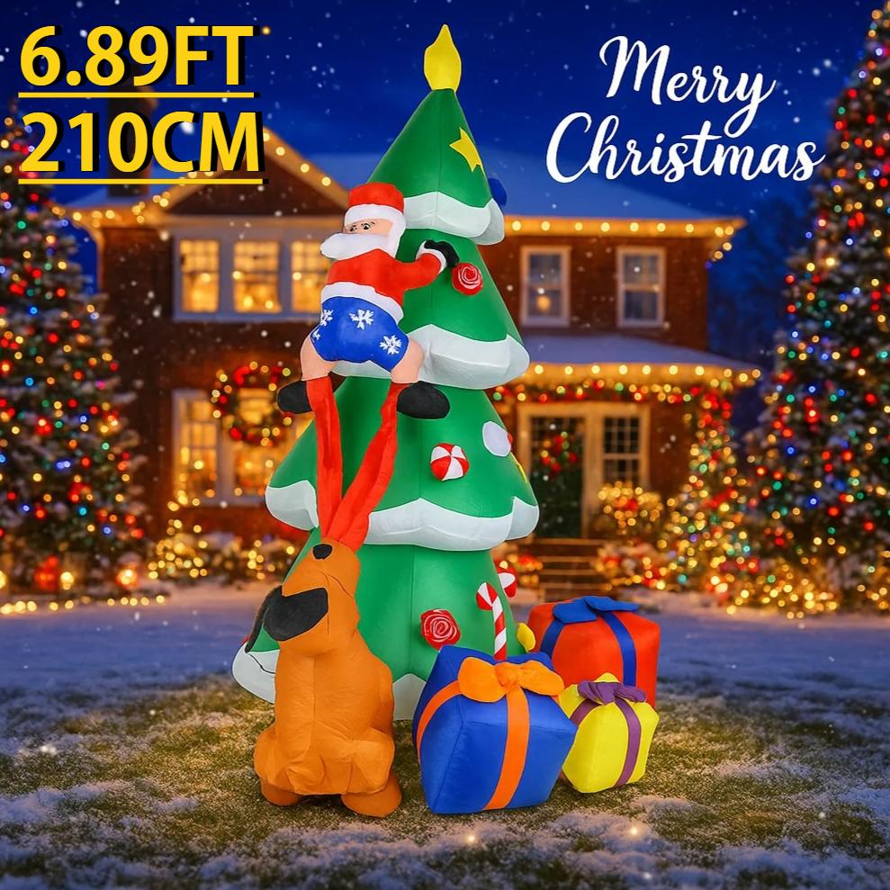 6.89FT Yard Party Decorations Inflatable Santa Claus Christmas Tree Dog Gift Boxes Toys LED Light Xmas Supplies Home Ornaments