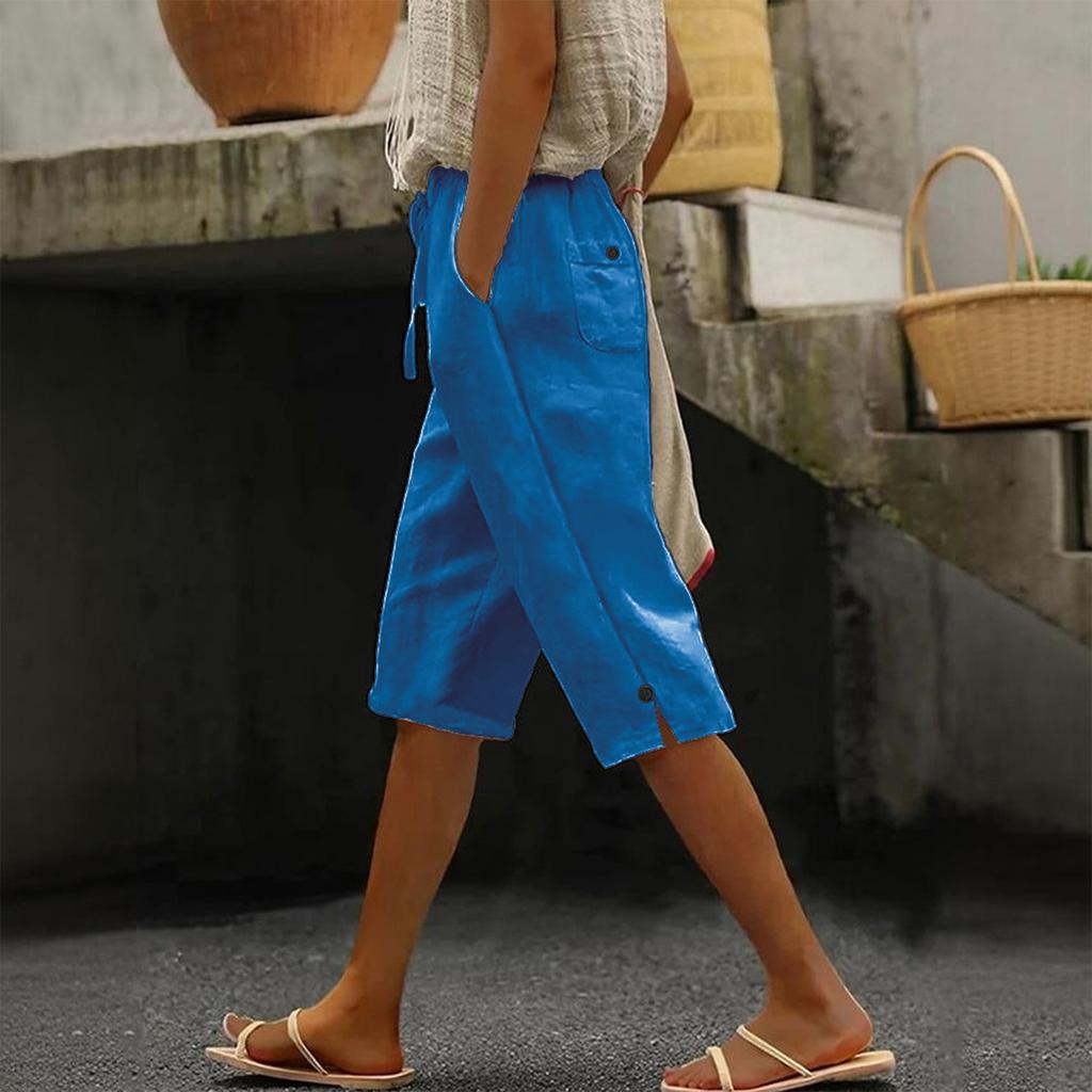 Women's Casual Fashion -Color Elastic Waistband Pocketed Wide-Leg Straight-Cut Shorts