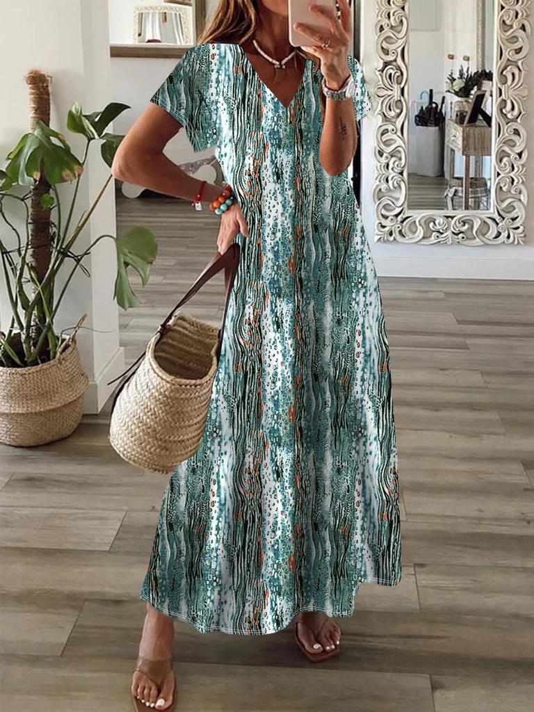 Women's Spring Summer V-Neck Short Sleeve Boho Print Swing Dress