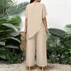 Women Loose Fit Round Neck Irregular Hem Mid Length Top Wide Leg Pants Casual Two Piece Set