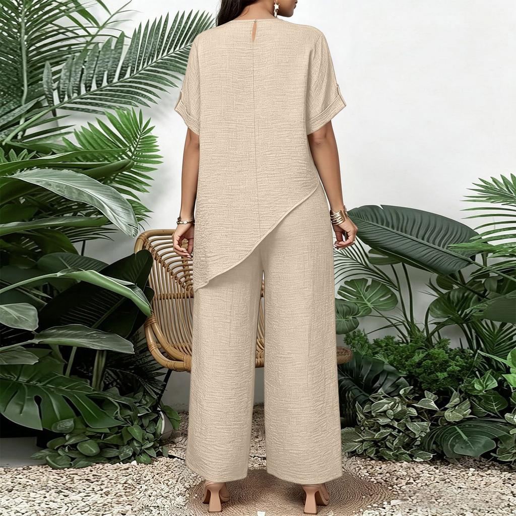 Women Loose Fit Round Neck Irregular Hem Mid Length Top Wide Leg Pants Casual Two Piece Set