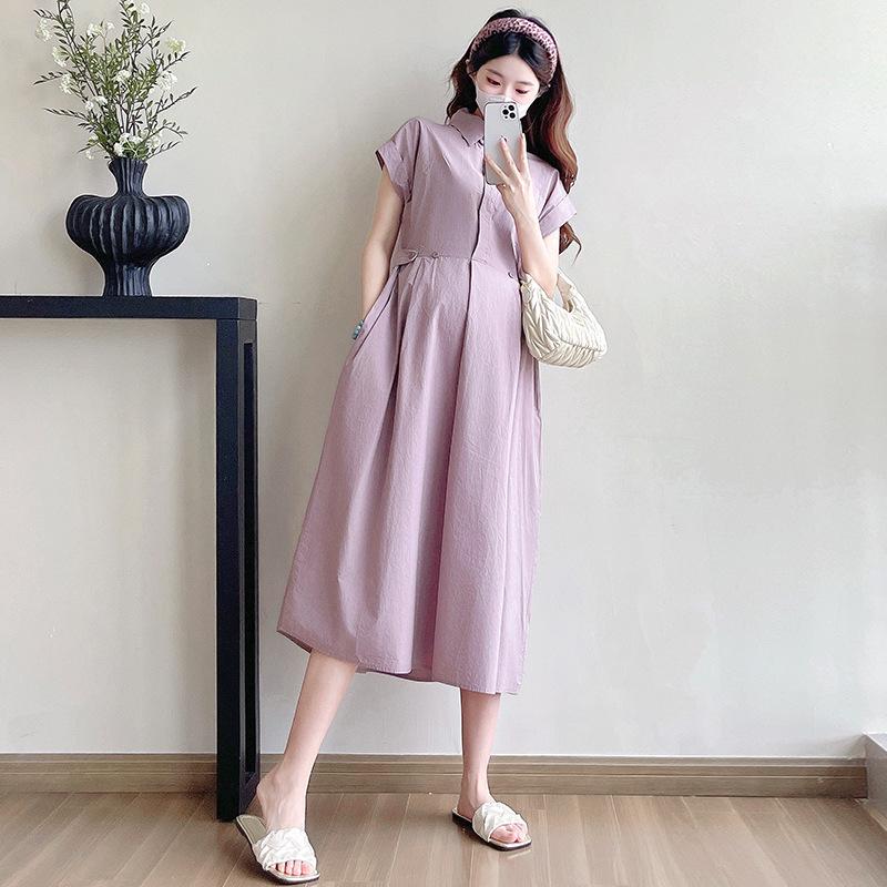 Elegant Summer 2025 French Waist-Cinching Midi Maternity Dress Extra Large синий