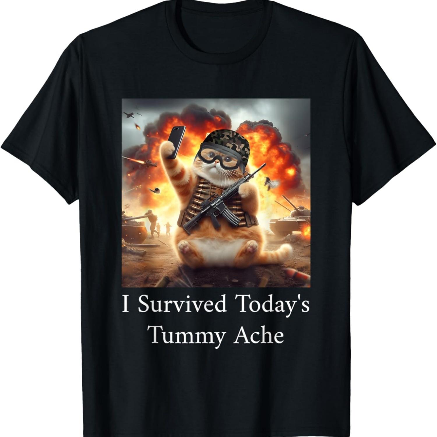 I Survived Today s Tummy Ache Cat Meme Funny Selfie T-Shirt for Men Women S чёрный
