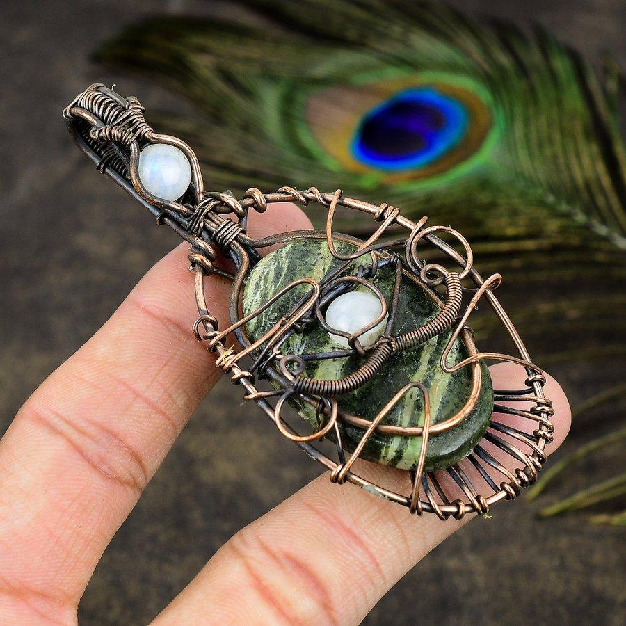 Seraphinite, Moonstone Gemstone Copper Wire Wrap Jewelry Pendant 3.35"