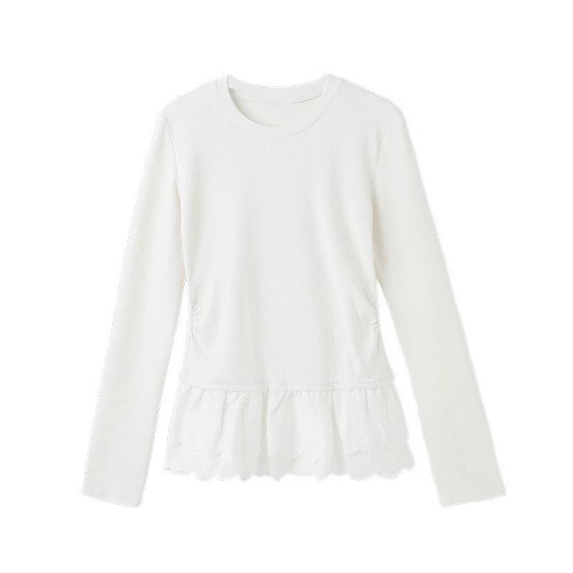 White Lace Floral Trim Long Sleeve Base Layer Top for Women - Autumn/Winter Korean Style Fashion New Arrival.