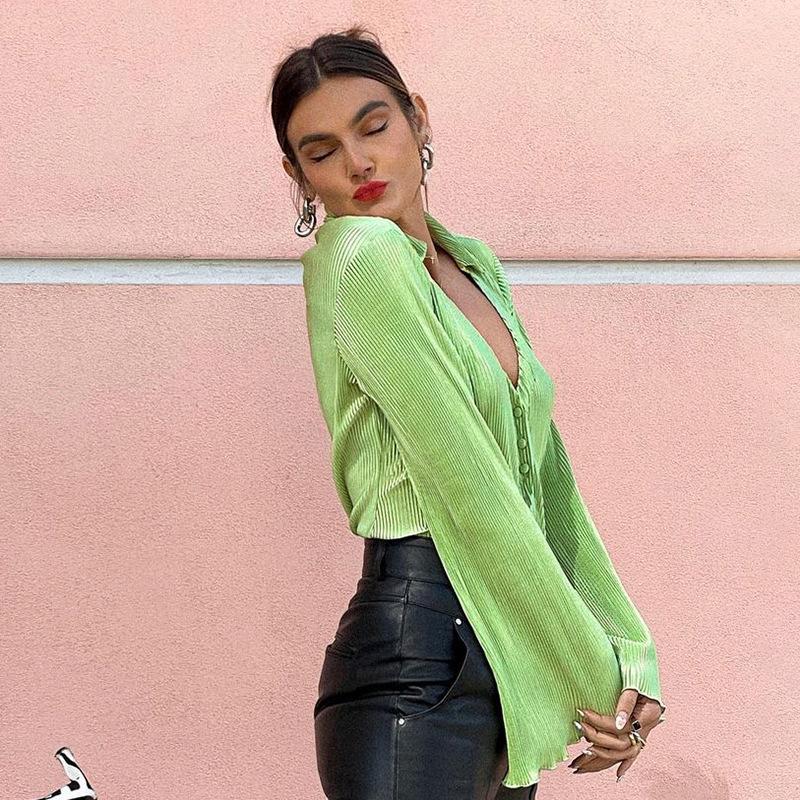 Blouses Summer Clothes Shirts for Women Y2k Pleated Crop Top Women's Shirt Roupas Femininas Tops V Neck Flared Sleeve Shirt