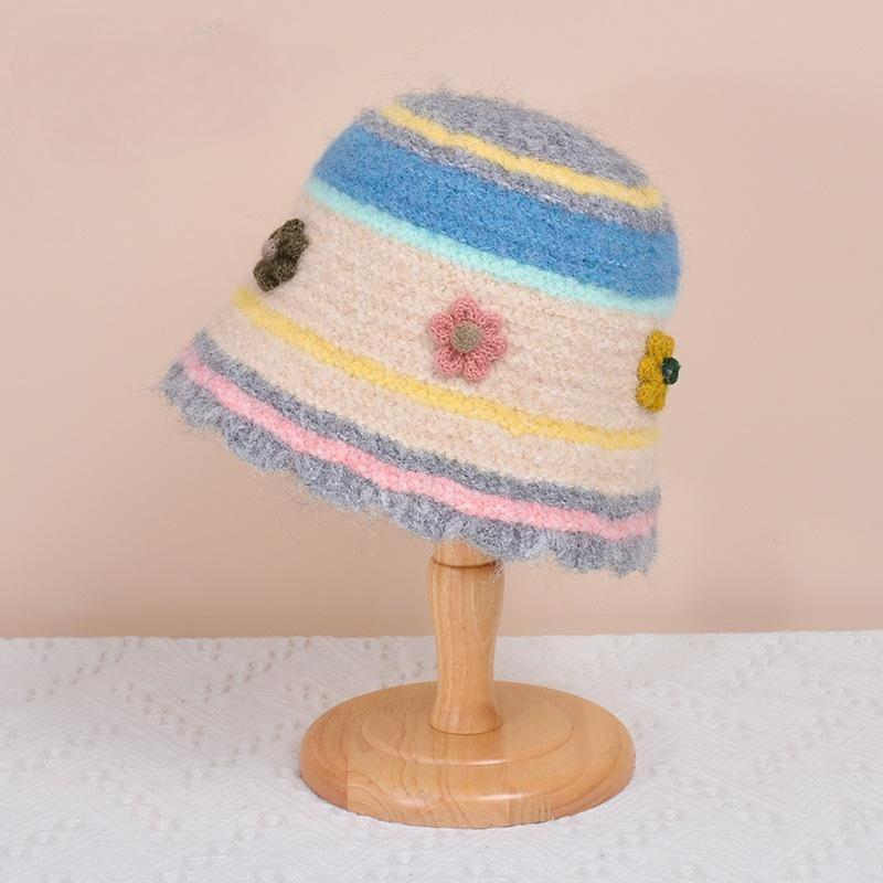 Japanese hollow knitted basin hat autumn and winter sweet dopamine wool hat women's colored flower bucket hat