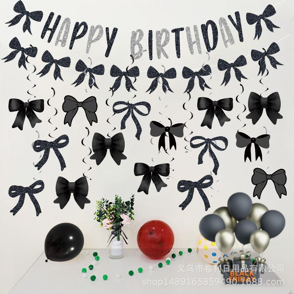 Bow Theme Party Decoration Props Pink Black Bow Birthday Banner Hanging Flag