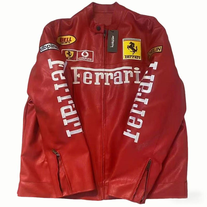 F1 Rennanzug Bestickte Lederjacke - Harley Retro Motorradstil, Baumwoll-Fahranzug, PU-Jacke