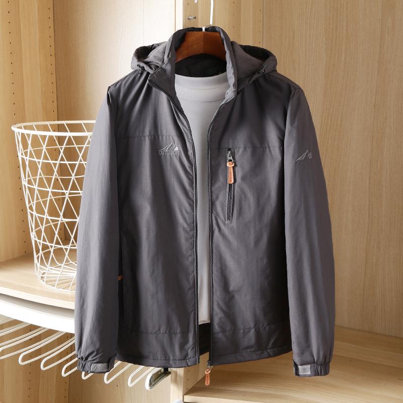 Plus Velvet Padded Warm New Jacket Long Sleeve Coat Autumn and Winter Men's Outdoor Jacket Cotton-padded Jacket with Solid Color.