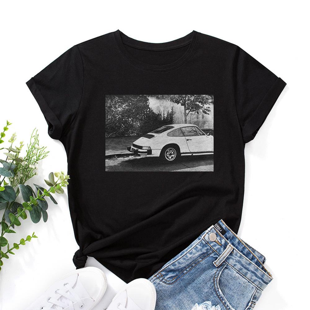 

Women s Retro Car Printed Loose Round Neck Short Sleeved T-shirt for Women Shirt S