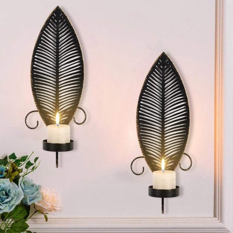 Elegant Black Metal Wall Candle Sconces, Leaf Shape Decorative Candlestick Candle Holders For Home And Event 2PCS