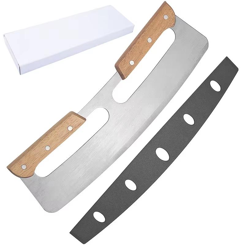 Stainless Steel Pizza Cutter Double Handed Pizza Knife with Safety Knife Sheath Wooden Handle Apple Pie Dispenser Dough Cutter