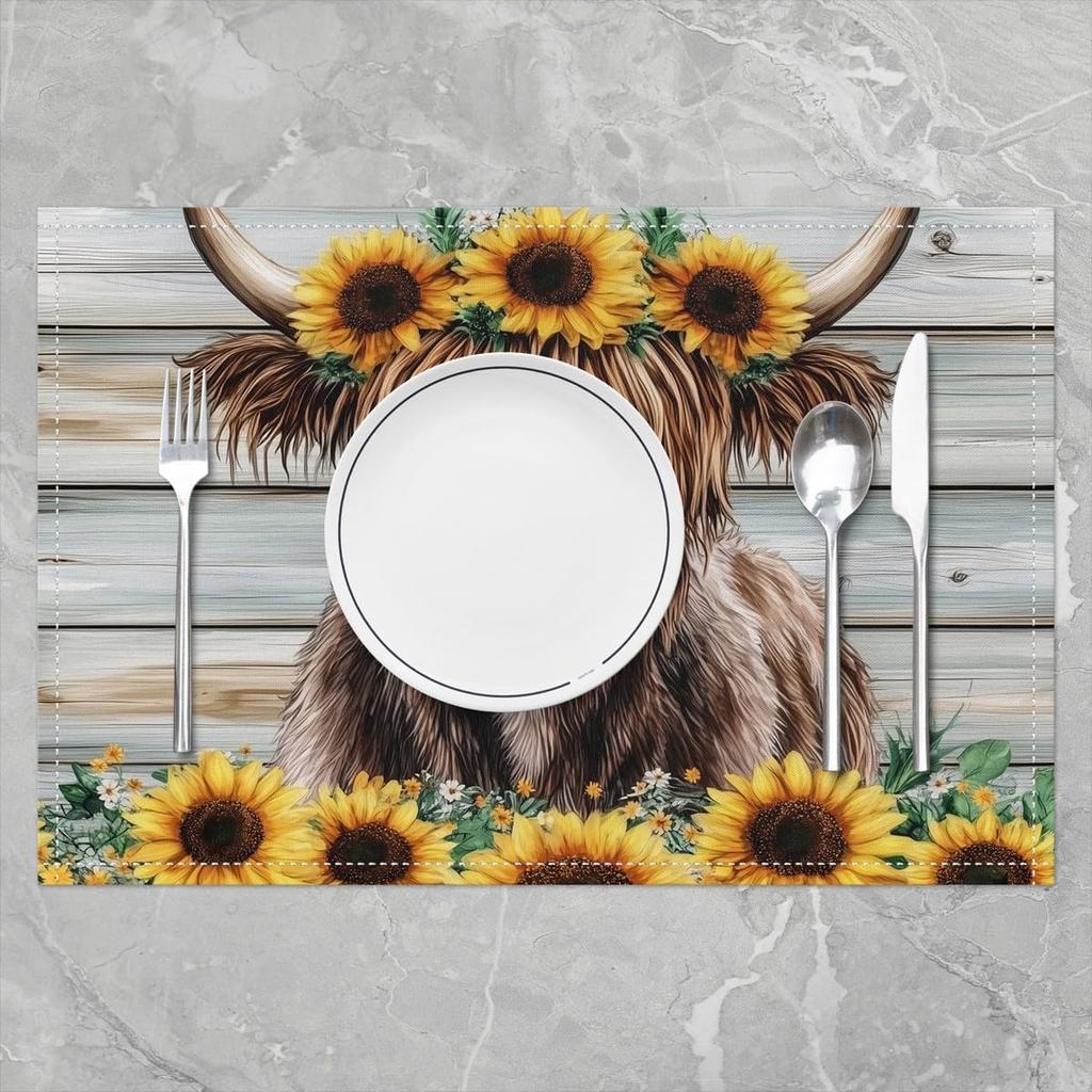 Hochlandrinder Tischsets Set of 4 18"x12" Kinder Hochlandrinder Sonnenblume Tischsets für Jungen Mädchen Teenager Tierkorn Tischset