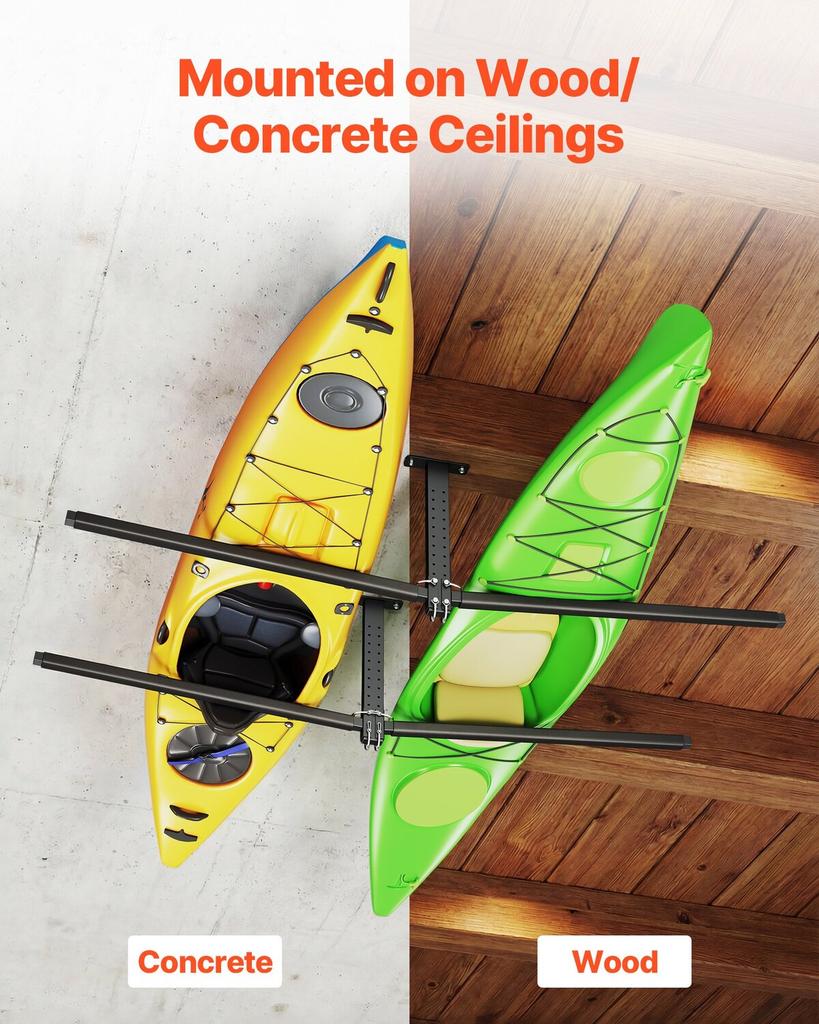 Kayak Storage Rack for 2 Kayaks, Holds Up to 113.4 kg, Heavy Duty Adjustable Ceiling Rack for Garage Ceiling Mount, Overhead Garage Storage Hanger for