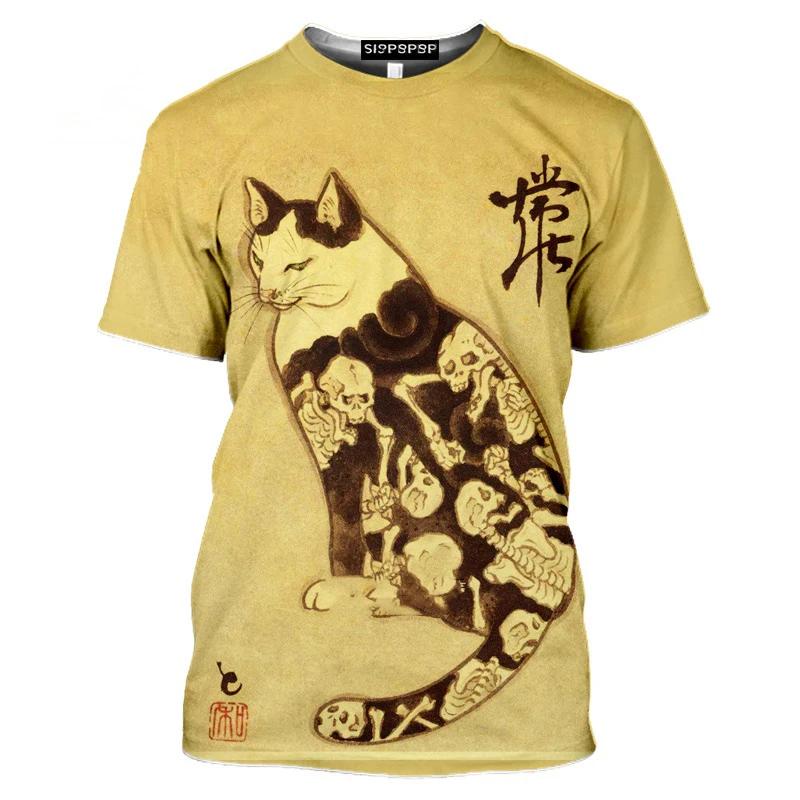 Neue Mode Vintage T-Shirt Samurai Katze Tattoo Shirt Herren 3D Cooler Druck Kunst Klassisches Shirt Sommer Trend T-Shirt