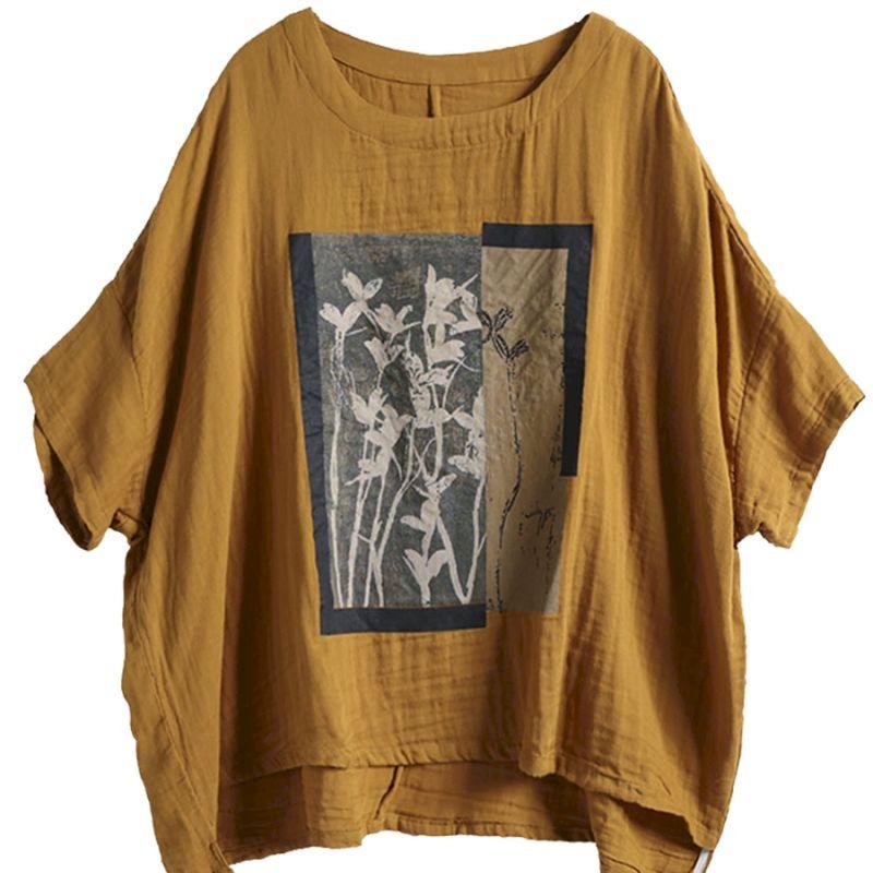 Linen T Shirt Women Art Vintage Print Loose Fashion Casual Short Sleeve Oversized Blouse Summer Trend Thin