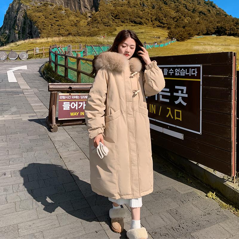 Autumn and Winter Women's Large Size Coat Hooded Fur Collar Horn Buckle Loose Casual Thickened Windproof Women's Jacket