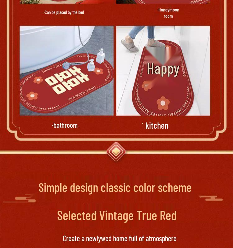 Red Wedding Room Non-Slip Bedside Rug - Double Happiness Design