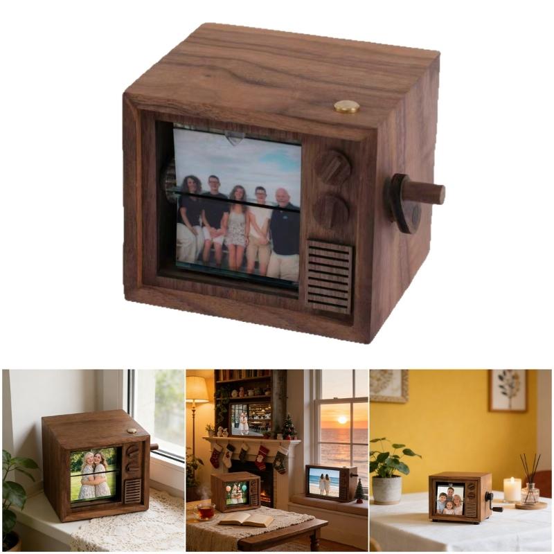 Portable Wooden Hand Cranked Music Box Featuring 16 Photo Rotation and Glowing Light for Wedding Event