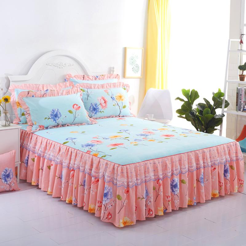 3PCS Printed Ruffled Soft, Comfortable and Breathable Bed Skirt (One Bed Skirt and Two Pillowcases, Excluding Pillow Core) Bed Skirt, Bedspread