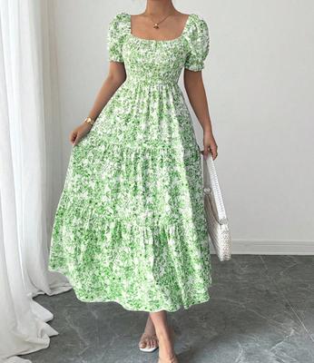 Fashion Women's Casual V-Neck Printed Midi Skirt Elastic Waist Dress