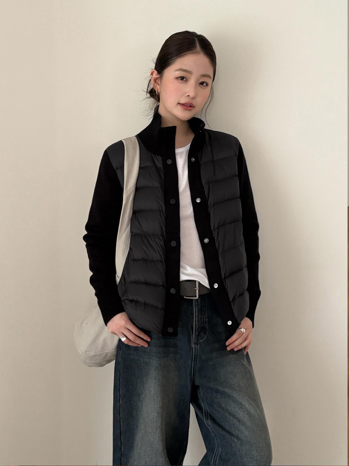 Women’s Casual High Neck Knit Panel White Duck Down Puffer Jacket - Winter 2025 One Size