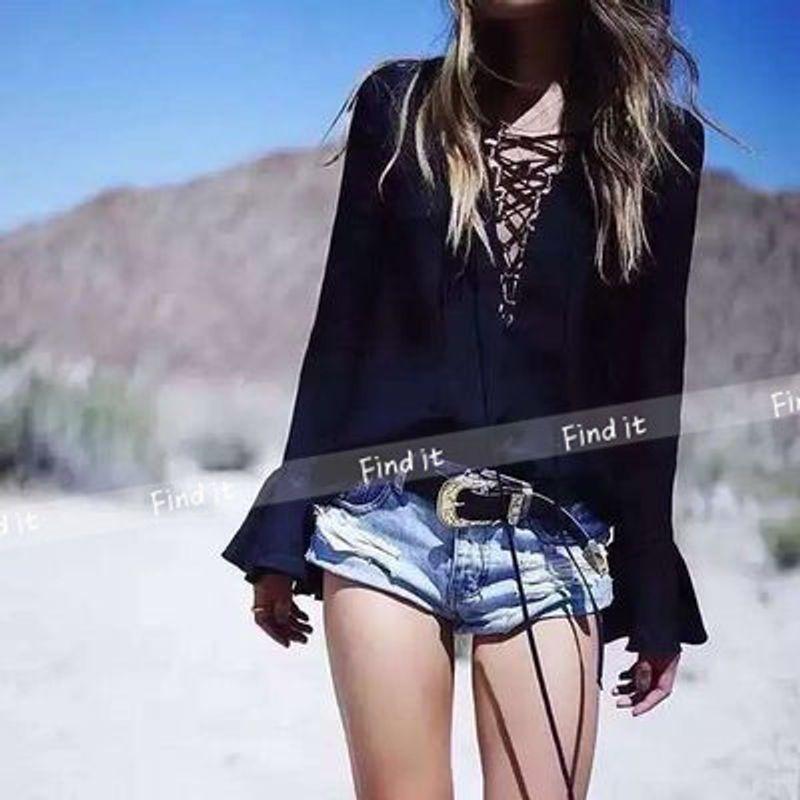 

European and American Fashionable Top Deep V Sexy Lace-up T-shirt Black S