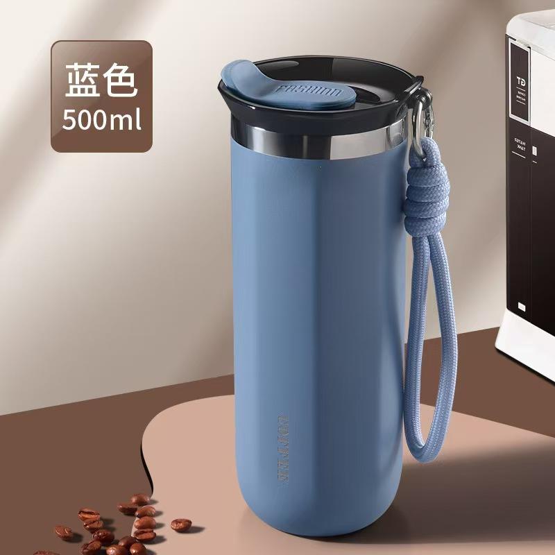 Double-Layer Vacuum-Insulated Coffee Mug with Pull-Up Handle 304 Stainless Steel Thermos Outdoor Portable Sports Water Bottle Solid Color Water Cup