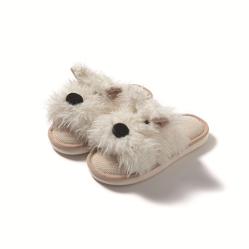Open Puppy Cotton and Linen Slippers Cartoon Contrasting Colors Fluffy Breathable Cute Cotton Slippers